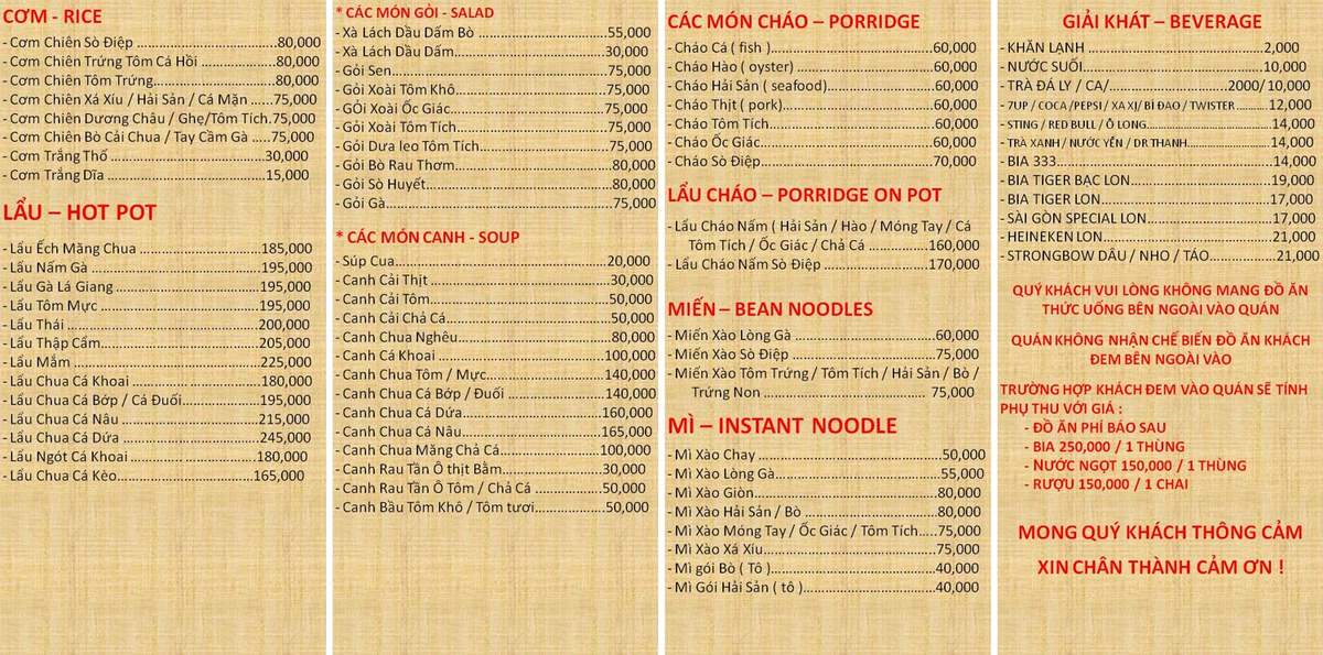 menu quán nướng cô Nên Vũng Tàu