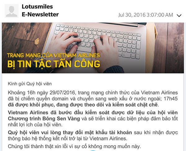 Vietnam Airline gửi thông báo đến Hội viên chương trình Bông sen vàng